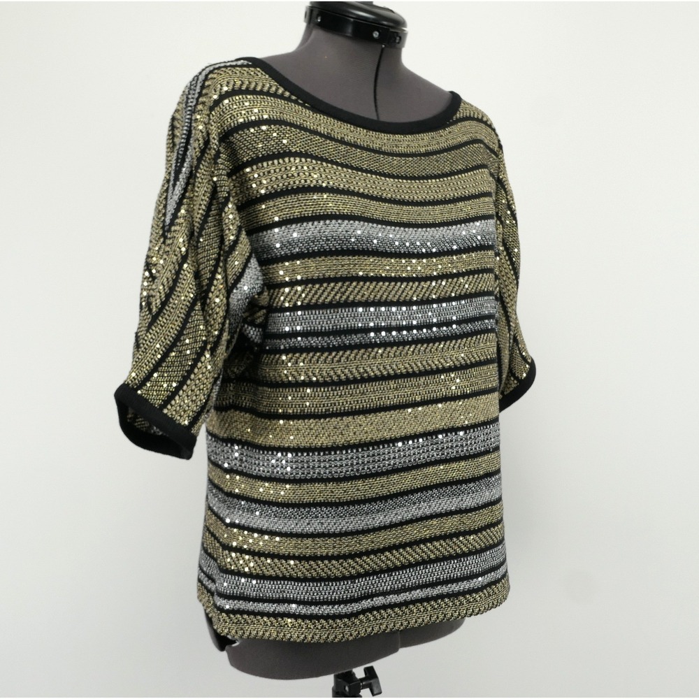 St John Sport Metallic Sequin Striped Knit Top M Gold Silver Black USA Made VTG